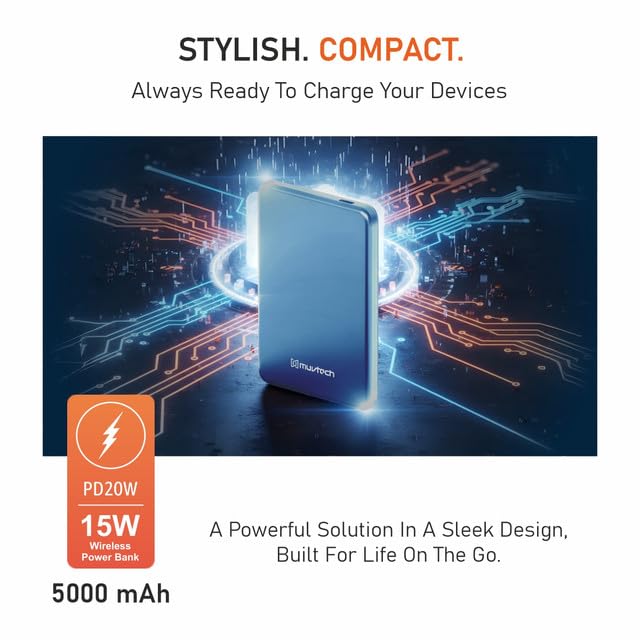 Image of Muvtech Aeroslim 5000mAh Slimmest Magnetic Wireless Power Bank, Metal Body, Ultra Slim Mini Pocket Size, 20W Fast Charging, Type-C in /Out for iPhone, Samsung & Pixel