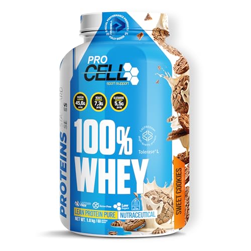 ProCell Proteína Whey 1,8Kg 100% Proteína de Suero Concentrada (Cookies) Con BCAA y Glutamina, Sin Gluten, Sin Lactosa y Bajo en Azúcares (60 Servicios)
