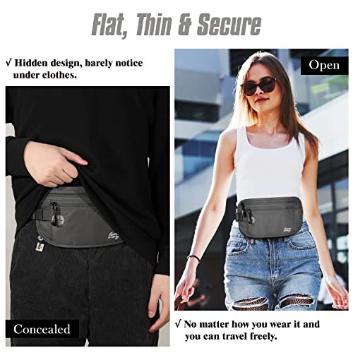 Image of MoKo Travel Money Belt, Hidden RFID Blocking Passport Wallet, Dark Gray | Slim money belt has a hidden pocket, moisture-wicking backing, RFID-blocking material, and an adjustable elastic strap.