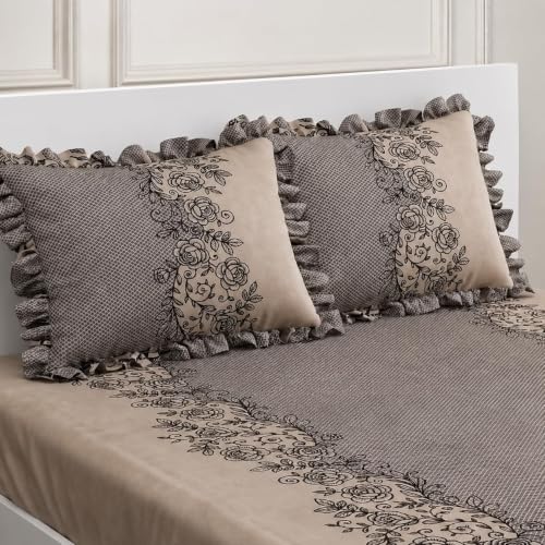 Image of 350 TC Premium Heavy Cotton Feel Elastic Fitted Bedsheet King Size with 2 Frill Pillow Covers King Size || Double Bed with All Around Elastic (Coffee Frill, Fitted - 72 inchx78 inch King)