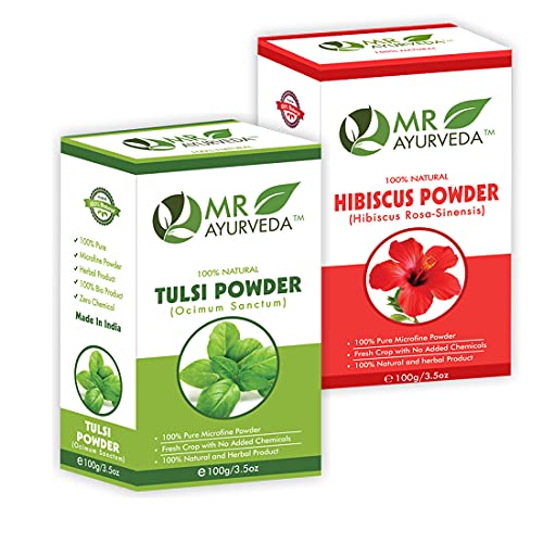 Image of MR Ayurveda Hibiscus Powder and Tulsi Powder for Hair Pack & Skin Care - Combo Pack (100 Grams Each)