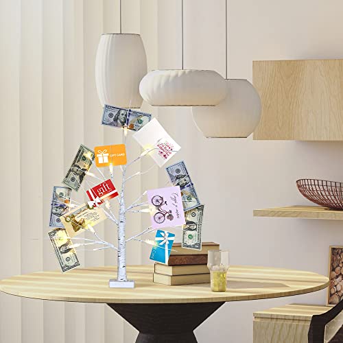 Phitric Money Tree Gift Holder, 24" 2Ft Lighted Birch Trees With Leds, Battery Powered Timer With 12 Clear Clips Card, For Mothers Day, Christmas, Memo, Birthday, Wedding, Photo, Graduation (White) #TOP6
