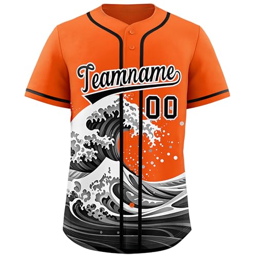 Camisa de beisebol moderna personalizada estampada com número de nome e número esportivo para homens mulheres jovens, Laranja e preto-81, Tamanho Único