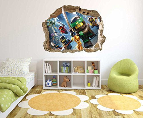 Ninja Samurai Characters - 3D Smashed Wall Effect - Wall Decal for Home Nursery Decoration (Wide 20