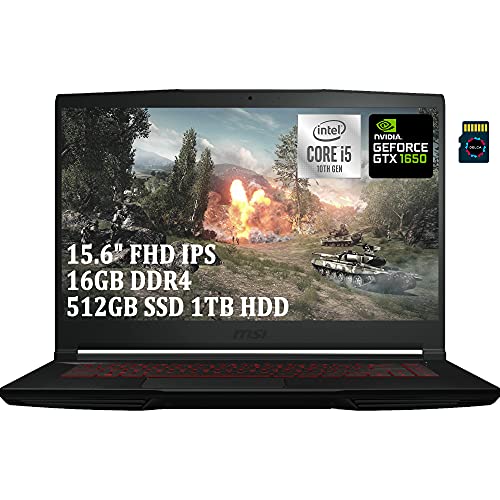 MSI GF63 Thin Premium Gaming 15 Laptop I 15.6" FHD IPS I 10th Gen Intel 4-Core i5-10300H (>i7-8750H) I 16GB DDR4 512GB SSD 1TB HDD I GeForce GTX 1650 4GB Backlit WiFi6 Win10 Black + 32GB Micro SD Card