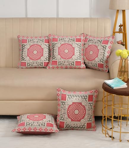 Image of Luxury Velvet Diwan Bedsheet with 5 Cushion Covers and 2 Bolster Covers - Designer Sofa DiwanCover Set for Living Room (Pink, Velvet Diwan Set (1+2+5)