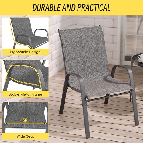 Image of Betterhood Patio Chairs Set of 4, Stackable Outdoor Dining Chairs Set with Breathable Seat Fabric, All-Weather Powder-Coated Metal Frame for Deck, Pool Side and Backyard, 350LBS Capacity (Grey)