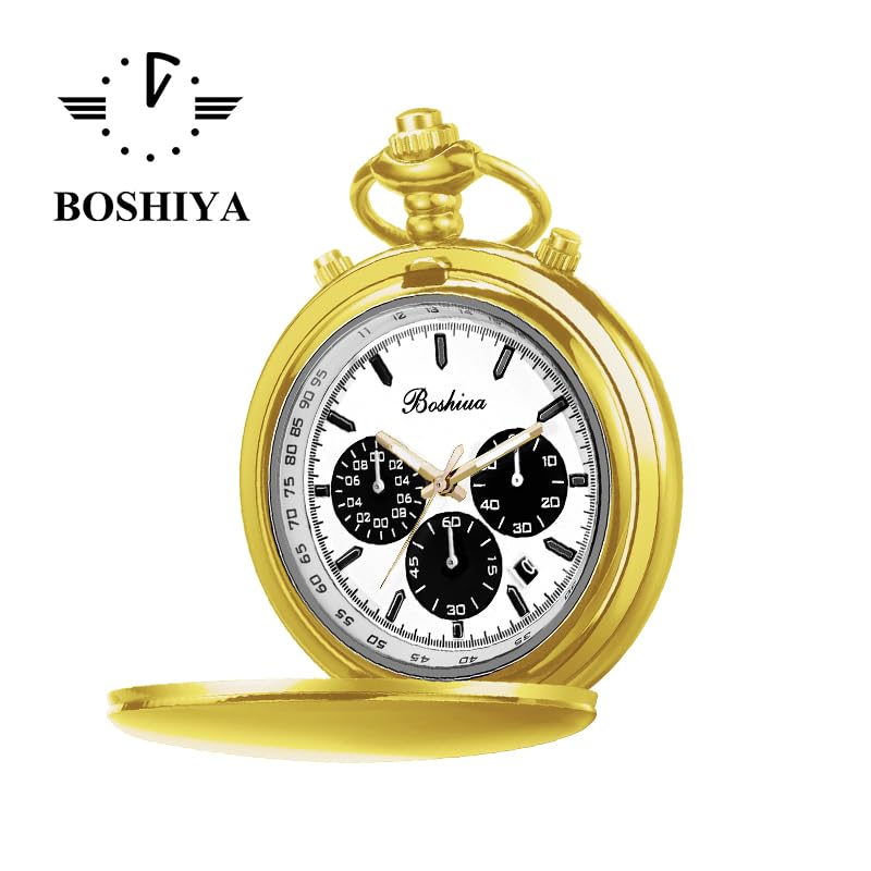 Image of BOSHIYA Multifunctional Stopwatch Calendar Silver Gold Black Pocket Watch with Bracelet