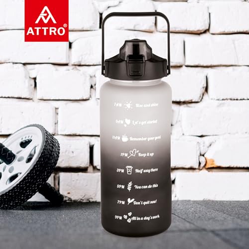 Image of ATTRO Motivational 2 Liter Quotes & Time Marker Dual Colour Sports Bottle With Easy to Carry Handle & Straw BPA Free, Leak Proof for Gym, Office, Workout- Black Grey, Plastic