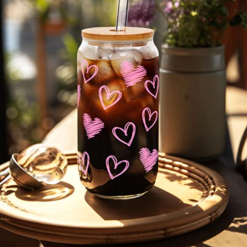 Iced Coffee Cups, 20 Oz Hearts Cup Beer Can Glass, Love Can Couple Drinking Glasses, Glass Cup With Bamboo Lids And Straw, Valentines Day Gifts - 2 Sets #TOP2
