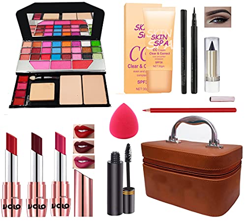 Image of Volo All In One Makeup Kit (3 Lipstick,Eyeshadow,Foundation,Kajal,Mascara, Lipliner,Puff 1 Makeup Box) Set Of 11Pcs.