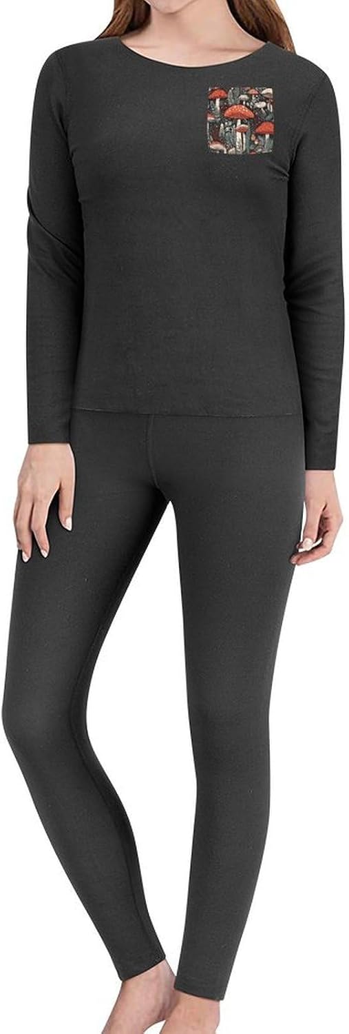 Women's Fleece Lined Thermal Set - Cold Weather Long Johns Ultra-Soft Red And White Mushroom Printed Base Layer
