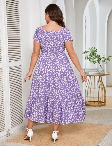 Image of KOJOOIN Women Plus Size Summer Dress Short Sleeve Casual Dress Floral Midi Dress Sweetheart Neck Ruffle Dress