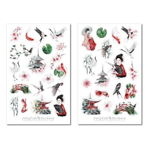 Set de stickers Japon - autocollants, journal, stickers geisha, grue, Asie, femme, fille, oiseaux, nature, cerisiers en fleurs, temple, carpe koi