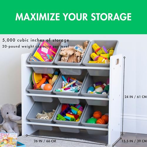 Image of Humble Crew 9-Bin Toy Organizer - Explorer Natural White /Grey Plastic Bins, 3-Tier Storage Solution for Kids' Playrooms and Nurseries