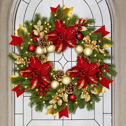 24" Christmas Wreaths for Front Door with Lights & Poinsettia Flowers