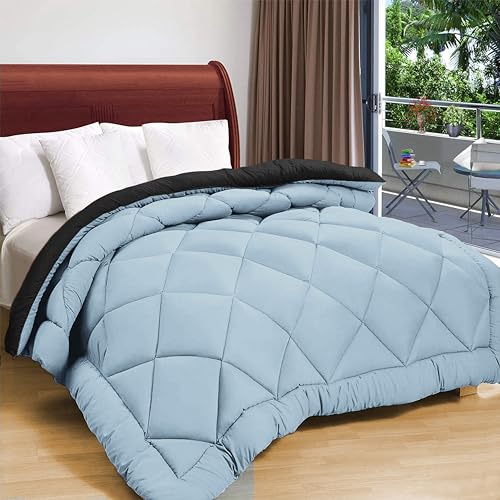 Image of Amazon Brand - Umi AC Comforter Double Bed | AC Blanket Double Bed | 220 GSM Ultra Super Soft Microfiber Reversible Lightweight All-Weather Bed Comforter /Duvet /Quilt (90 inchX86 inch Inche, Black & Grey)