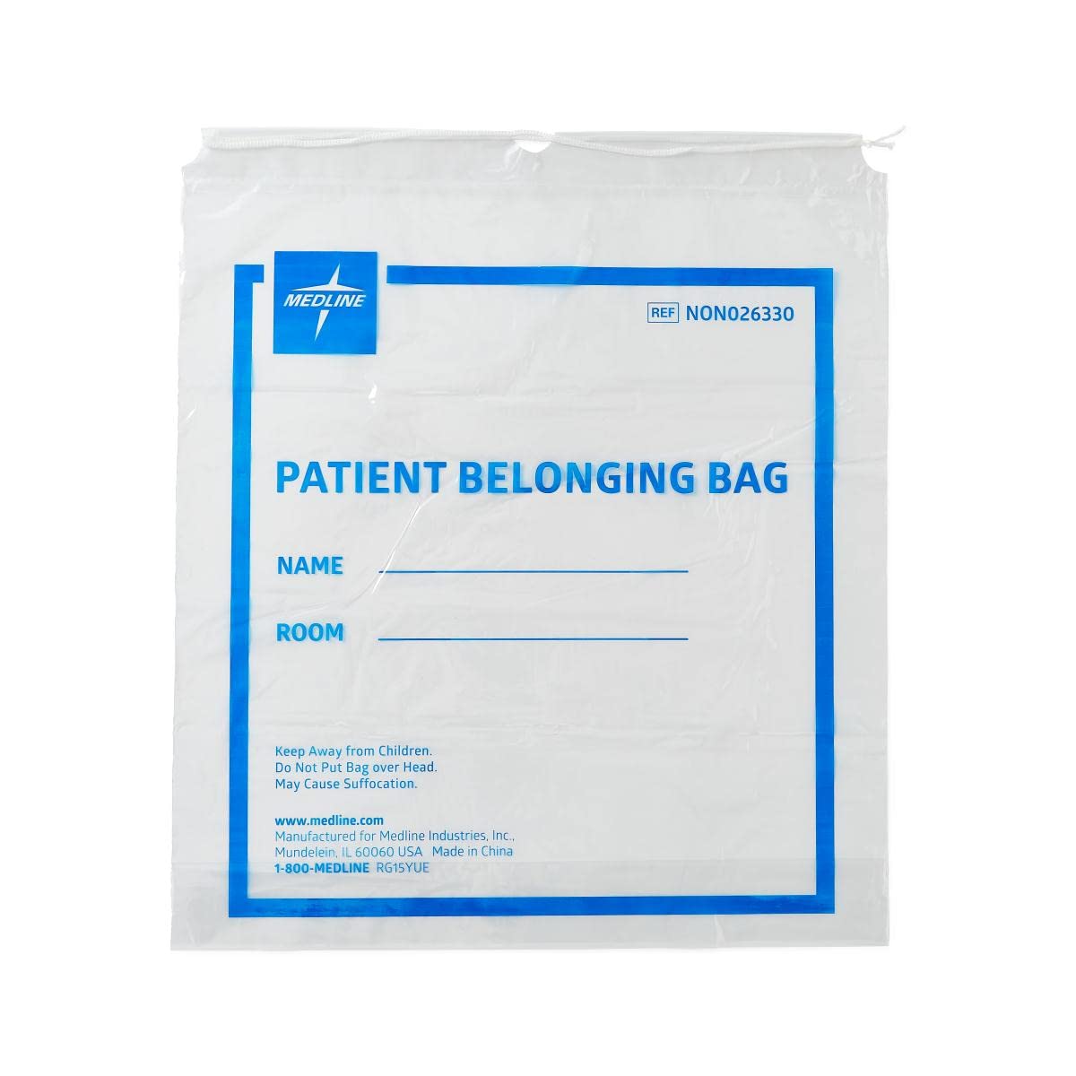 Medline Patient Belongings Bag with Drawstring, Clear, 18" x 20" Size