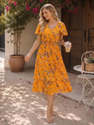 Image of Bridesmay Women's Summer Floral Midi Dress V Neck Short Sleeve A-Line Casual Beach Vacation Dresses Flowy