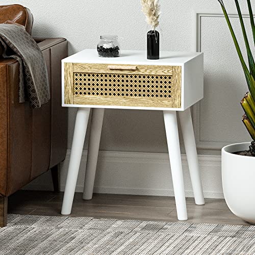 Visionwards Rattan Side Table With Storage, Cane Boho Mid Century Nightstand With Drawer, Wood Small Side Table For Small Space, Living Room And Bedroom, Easy Assembly (White) #TOP22