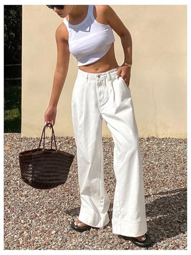 OYOANGLE Women's Denim Wide Leg Straight Jeans Y2K Solid Baggy Loose Mid-Rise Pocket Casual Pants4