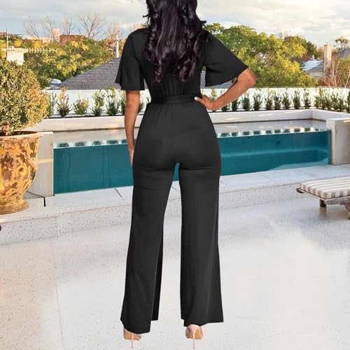 Image of PaladMom Womens Elegant Plus Size Jumpsuits Sexy Back zipper Short Sleeve Mid Waist Wide Leg Straight Rompers