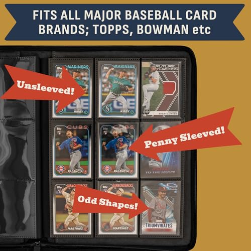 Image of Baseball Card Binder - 9 Pocket Album w Zipper - 360 Side Loading Sleeves Book for Baseball Trading Cards - 3D PU Leather with Vintage Design - Works with Topps, Bowman, Panini...