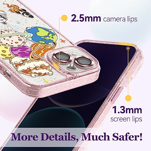 Image of Designed for iPhone 14 Case Pink Glitter Clear - Cute Bling Phone Case with Wrist Strap - Aesthetic Y2K Case for Woman, Girl 6.1 inch (Spaceman)