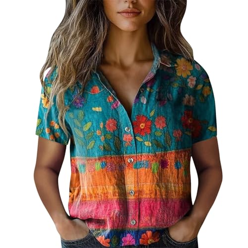 Womens Linen Blouses Women Cotton Shirt Printed V Neck Button Down Shirts Casual Tops Short Sleeve Blouse