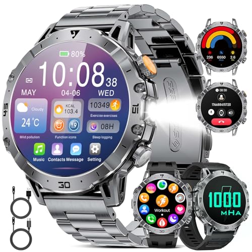 HIRREO EF18 Military Smart Watch for Men, 1.85″ HD Smartwatch with 1000 mAh Large Battery, LED Flashlight/100+ Sport Modes Fitness Tracker, IP68 Waterproof Smart Watches for Android iOS (3 Straps)