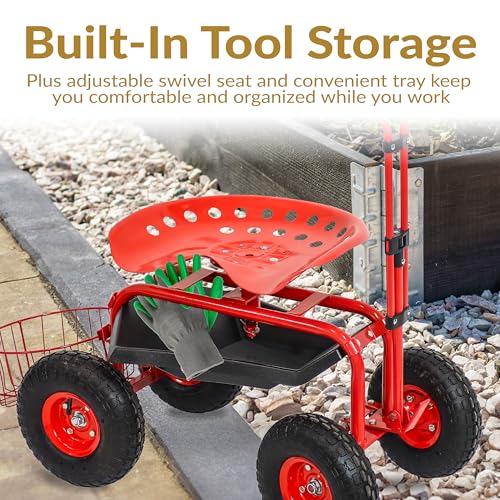 Sunnydaze Garden Cart with Wheels - Garden Stool on Wheels - Rolling Gardening Seat with Extendable Handle - Swivel Seat - Red