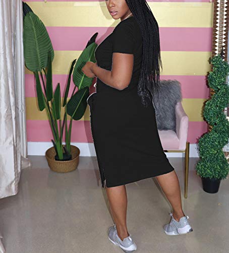 Hou Casual Shirts For Women - Plus Size Dress Letter Print Short Sleeve Slit Loose Long T-Shirt Maxi Dress Black, X-Large #TOP5