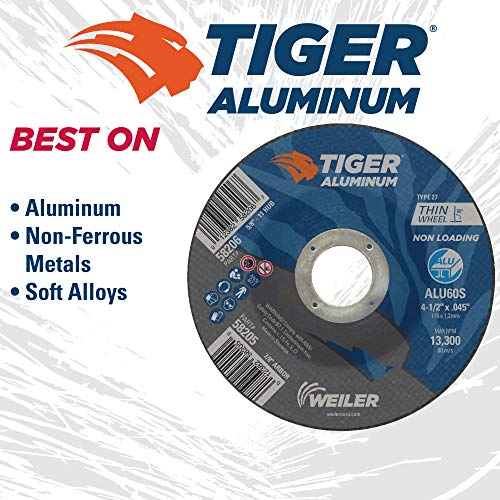 Image of Weiler 58205 4-1 /2 Inch Cutting Wheel, Tiger Aluminum Non-loading Contaminant-free High Performance Cutting, .045 inch ALU60S Type 27 7 /8 inch Arbor, Pack of 25