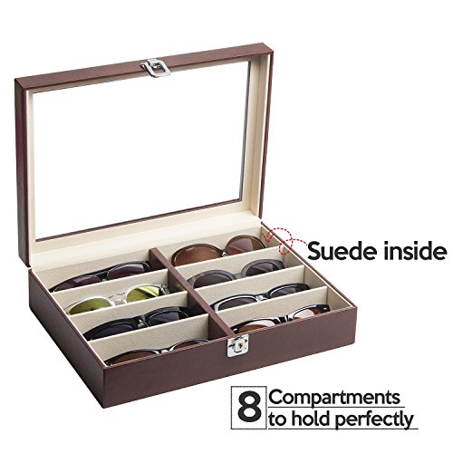 JackCubeDesign Leather 8 Compartments Eyeglass Display Organizer Eyeglasses Sunglass Storage Case Box Eyewear Tray Stand Suede Inside with Acrylic Cover(Brown, 17.4 x 6.7 x 1.97) – :MK379B