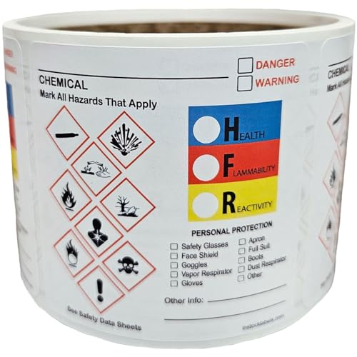 Safety Data Sheet GHS Hazard Labels with PPE Info, Chemical DOT Hazmat Stickers, 2.5 Inch Square, 100 Total Labels per Roll - Ideal for Labs, Warehouses, Manufacturing, and Chemical Processing