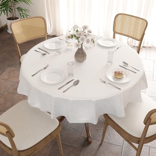 Image of Encasa XO Dining Table Cover Rectangular 142 cm-Round | Waterproof Textured Polyester Dining Table Cloth | Machine Washable Tablecloth | ZZ White