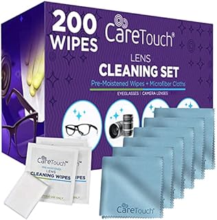 Care Touch Lens Cleaning Wipes with Microfiber Cloths - 200 Lens Cleaning Wipes and 6 Microfiber Cloths - Excellent for Glasses and Camera Lenses
