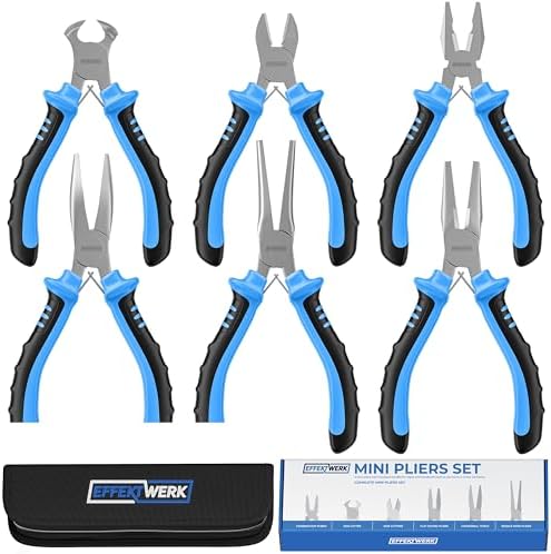 E•Werk - 6-Pc Mini Pliers Set - Linesman, Long Nose, Needle Nose, Bent Nose, Diagonal Cutting & Wire Cutters - Electrician Tool Kit w/Small Pouch - Use for Jewelry Craft & Electronic Repairs