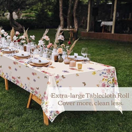 Image of Kochorie 100 Ft x 54 Inch Spring Floral Tablecloth Roll Plastic Flower Tablecloth Roll Wildflower Butterfly Disposable Table Cover for Spring Tea Party Supplies Birthday Wedding Party Decorations