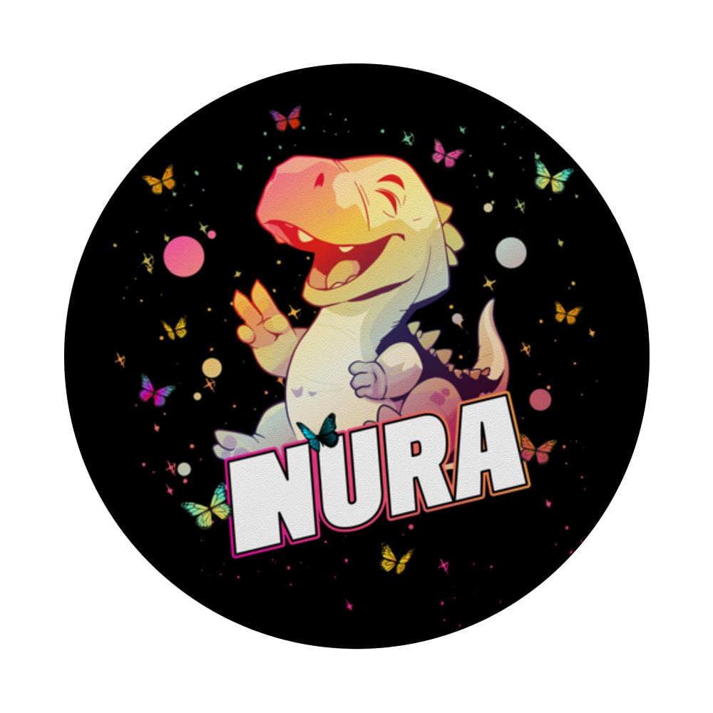 NURA - Adorable girl name with cute Dinosaur PopSockets Swappable PopGrip, Black - Image 3