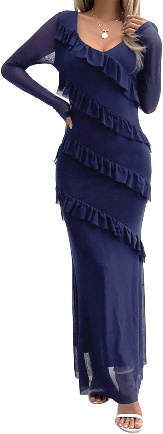 Womens Long Sleeve Mesh Bodycon Dress 2025 Fall Wedding Guest Cocktail Maxi Dresses - Image 2