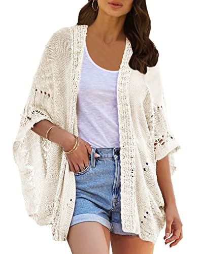 Image of Ermonn Crochet Cardigan Sweaters for Women Open Front Kimono Batwing Sleeve Plain Casual Lightweight Outerwear
