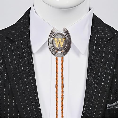Image of Vintage Western Cowboy Monogram Initial Letter Bolo Tie for Men | Premium brown braided leather, adjustable sliding clasp, anti-tarnish alloy pendant, versatile A-Z western bolo tie