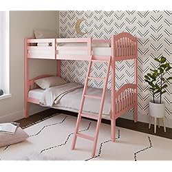 Storkcraft Long Horn Solid Hardwood Twin Bunk Bed, Pink Twin Bunk Beds for Kids with Ladder and Safety Rail
