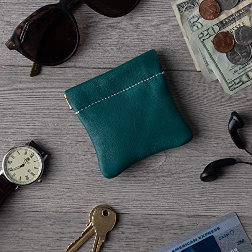 Image of Nabob Leather Genuine Leather Squeeze Coin Purse, Coin Pouch Made IN U.S.A. Change Holder For Men /Woman Size 3.5 X 3.5 (Teal)