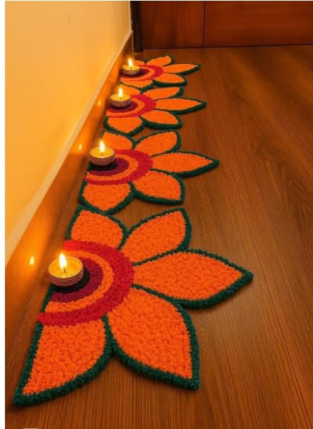 Image of Artificial Flower Petal Rangoli Mat, Orange, 12 inch