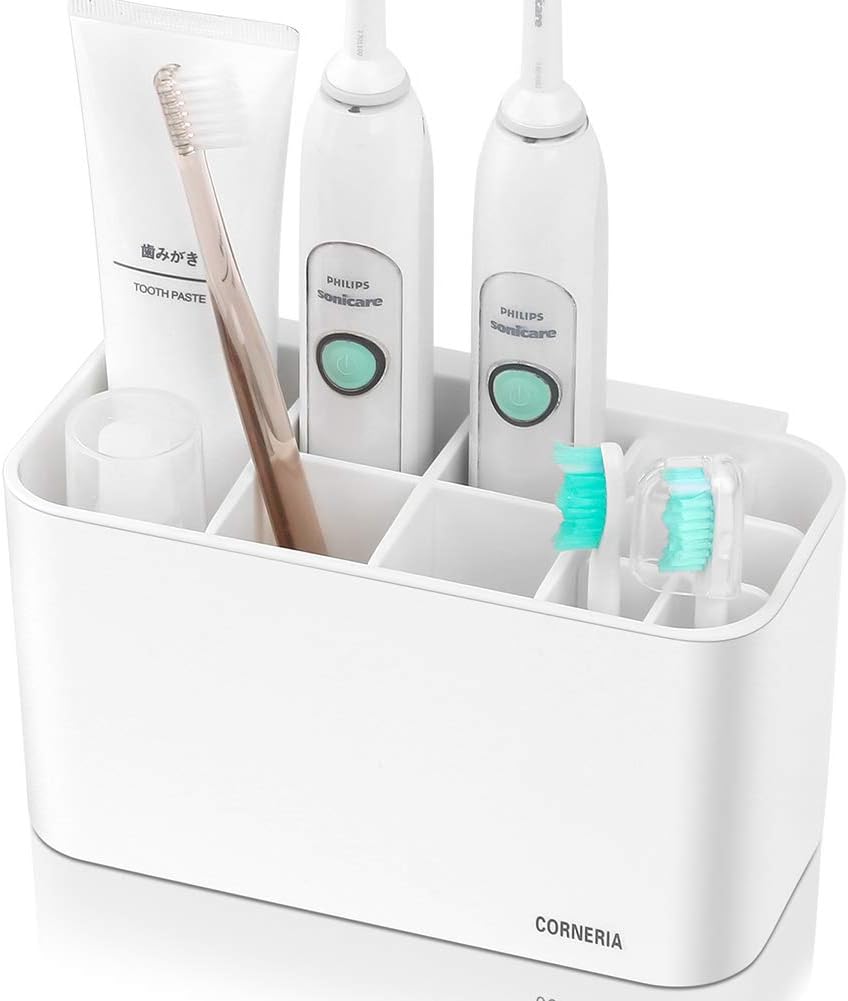 CORNERIA Toothbrush Holders - Toothpaste Stand and Toothbrush Caddy for Electric Toothbrushes - Versatile Bathroom Organizer for Oral Care and Bath Staff - Detachable