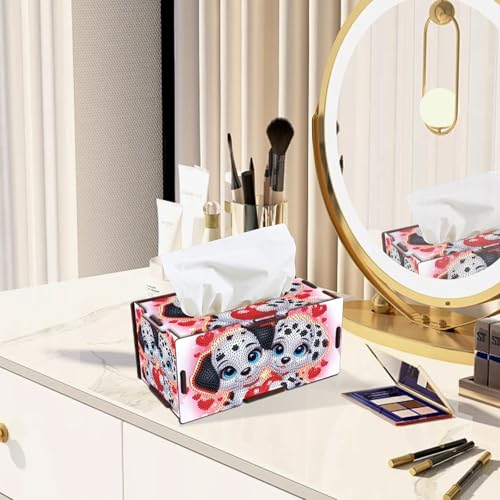 Image of DIY Diamond Art Tissue Box - Wooden Rhinestone Craft Kit with Dalmatian Dog & Red Heart Design, Cute Desktop Tissue Holder for Home Office Decoration