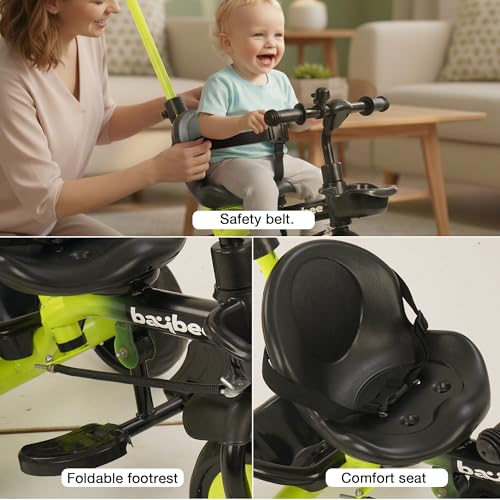 Image of Baybee Nova Pro Baby Cycle for Kids | Tricycle with Adjustable Parental Handle, Safety Belt & Non-Slip Pedals | Kids Cycles with Dual Storage Baskets & Footrest, Baby Cycle 2 to 5 Years (Black)