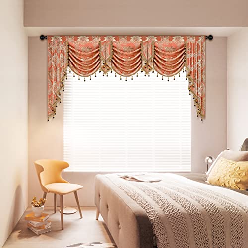 Elkca Golden Jacquard Swag Waterfall Valance Luxury Curtain Valance For Living Room (Damask-Coffee, W79 Inch, 1 Panel) #TOP6